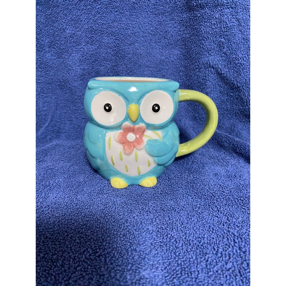 Owl Coffee Mug Tea Cup‎ Collectible Novelty Blue Green Yellow